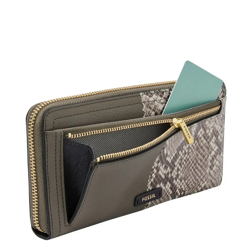 New! FOSSIL Logan RFID Wallet Zip Clutch Wristlet Strap Taupe Snakeprint Black